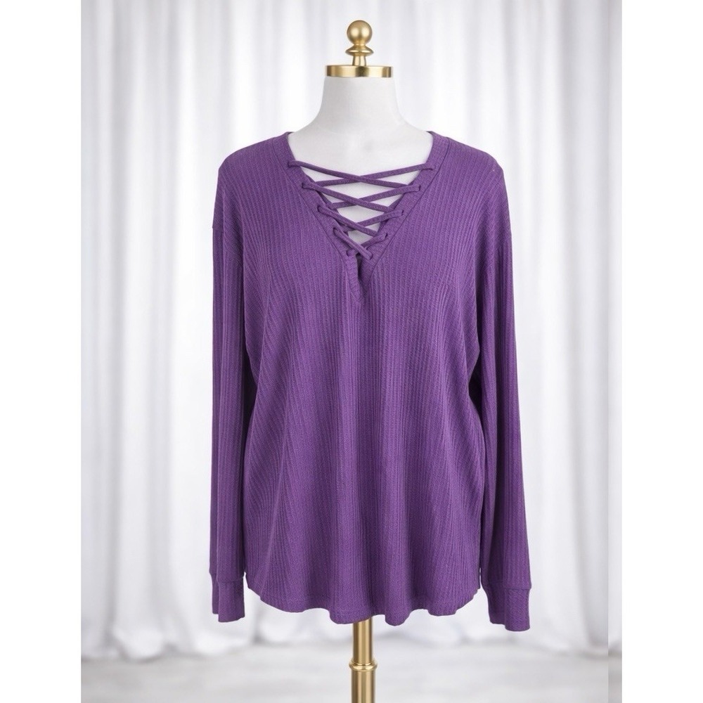 Torrid Purple Waffle Knit Popover‎ Top Criss Cross V Neck Soft Plus 1 1X